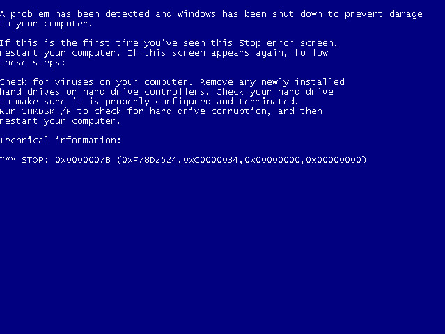 синий экран при развертывании xp в Windows 7