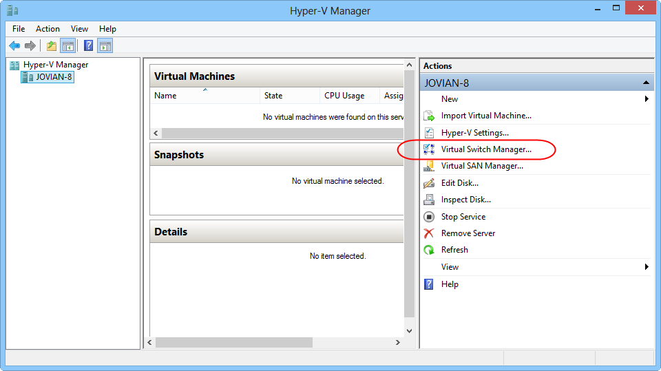 criar um switch virtual específico no Windows 8 user hyper v