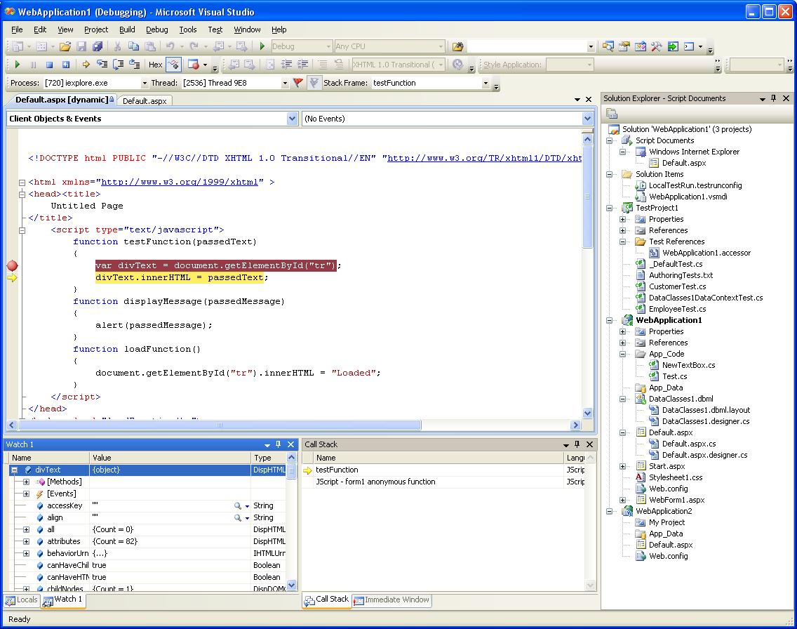 debugowanie w javascript we wnętrzu Visual Studio 2008