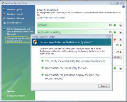 disable protection measures center pop up notifications related to windows xp