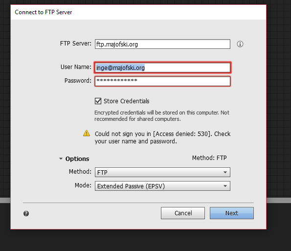 dreamweaver file transfer protocol odmowa dostępu