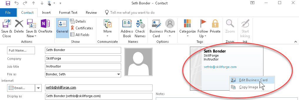 edit business cards in outlook