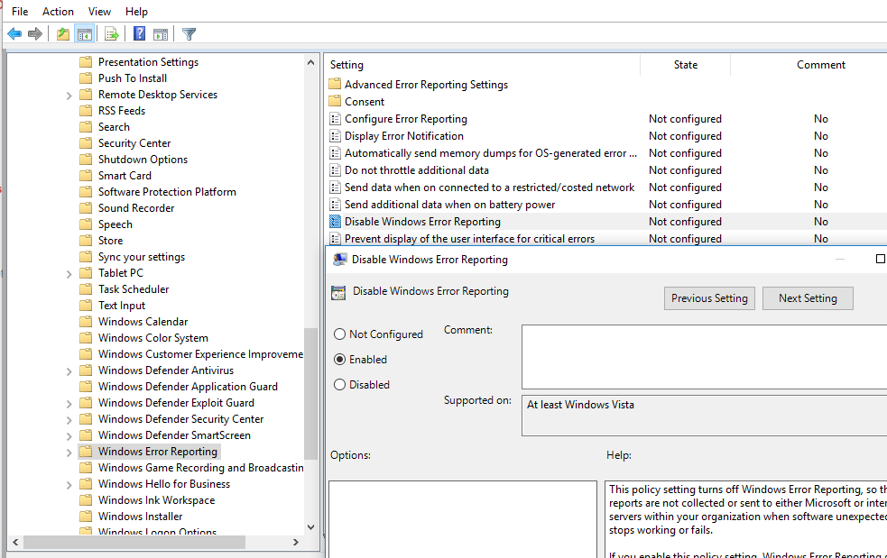 enable/disable Fehlerbericht in Windows Vista