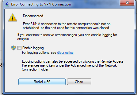 errore 619 sistema operativo Windows 7 fix