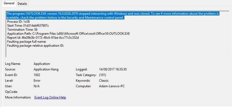 identifiant d'événement 1002 Microsoft Outlook exe hang