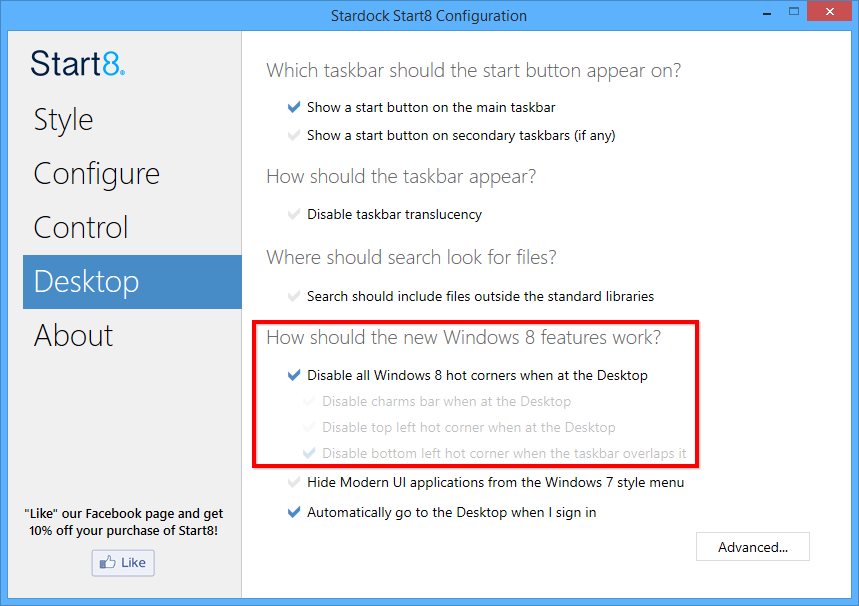how to disable the charm club in windows 8