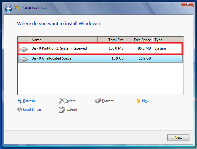 installera Windows 5-partitionsfel