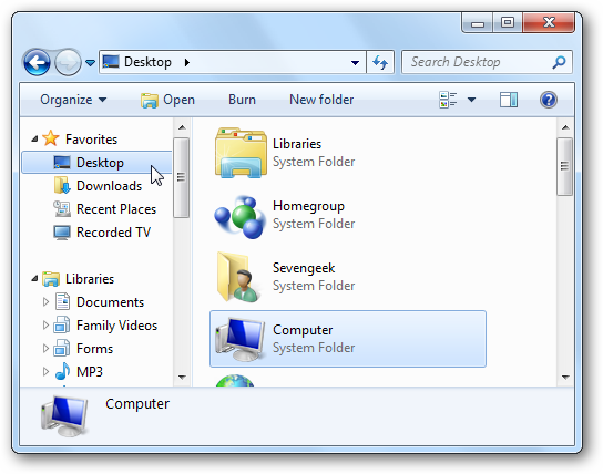 la interfaz no está registrada en todos los favoritos de Windows 7