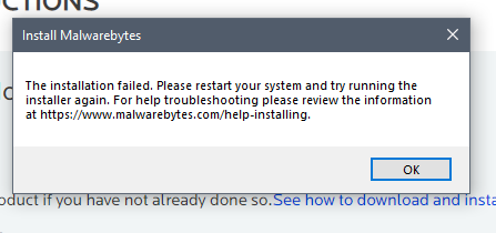 malwarebytes failed to install