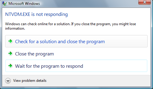 ntvdm.exe zamknął działające Windows Vista