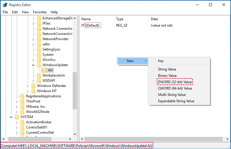 regedit ms windows update enable