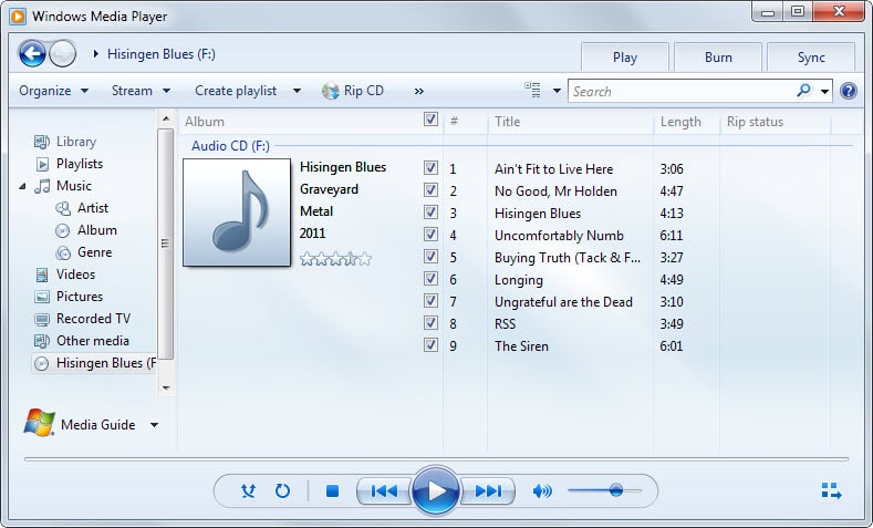 rippning av musiksökning i Windows Media Player