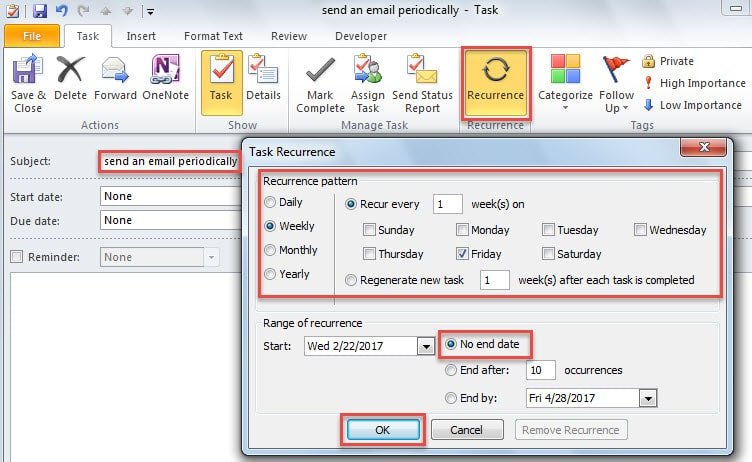 send a recurring message in the Outlook