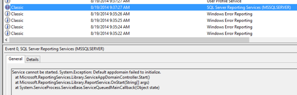 sql server reporting default appdomain failed to initialize