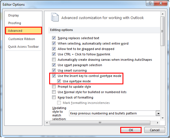 turning off overwrite in outlook