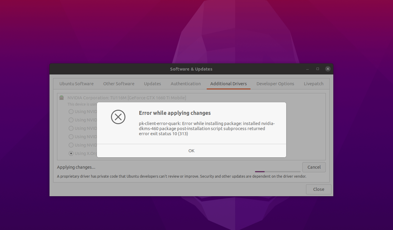 Error de instalación de los controladores ubuntu nvidia