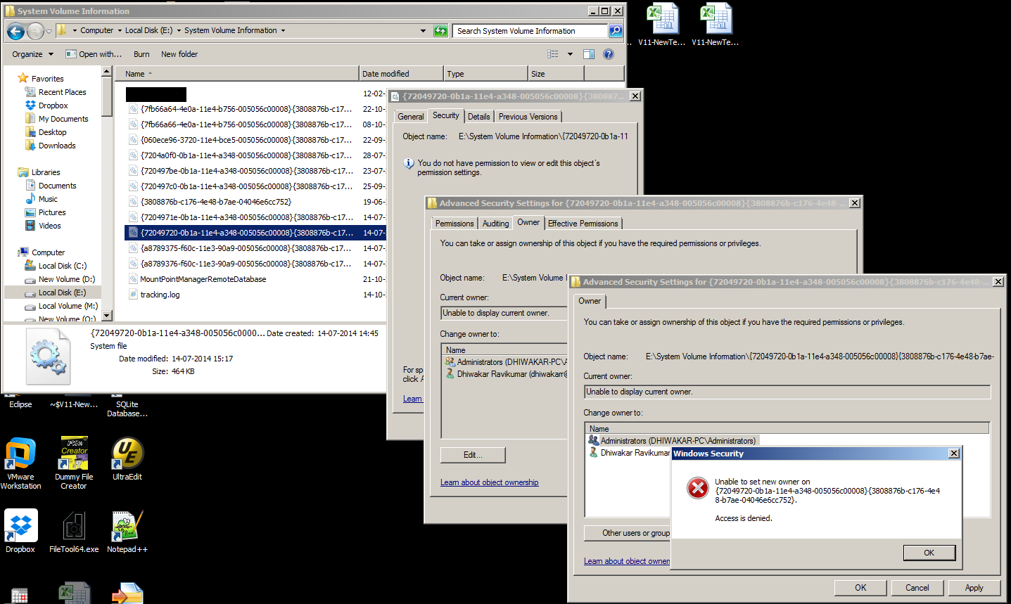 l'accesso alla cartella di Windows 7 non è in grado di visualizzare il proprietario corrente
