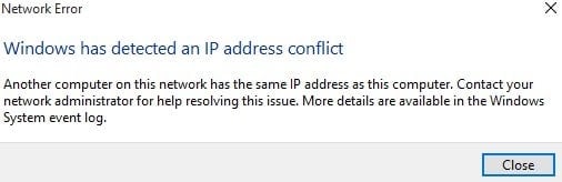conflit d'adresse d'adresse de protocole Internet du journal des événements du système Windows