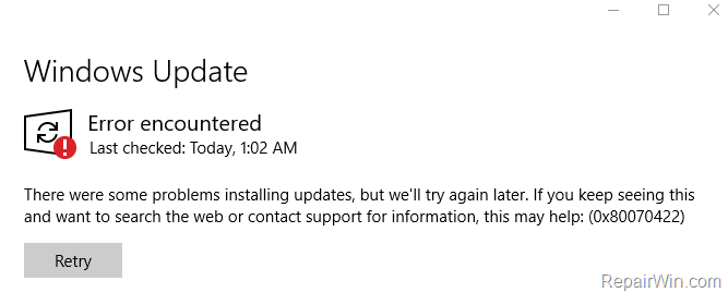 problema di errore della pagina web di Windows Update