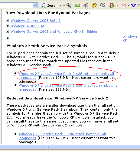 Windows XP-Debug-Symbole