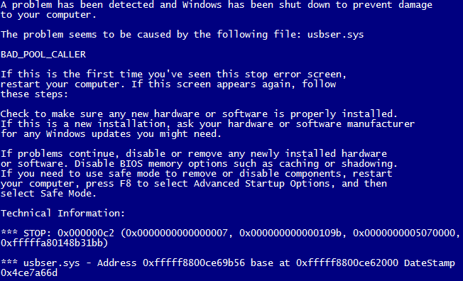 Ошибка обслуживания Windows XP: неверный вызывающий пул