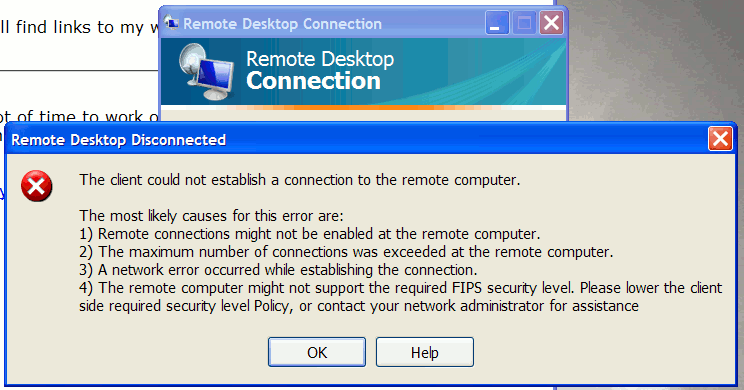 erro de protocolo da área de trabalho do computador remoto do windows xp